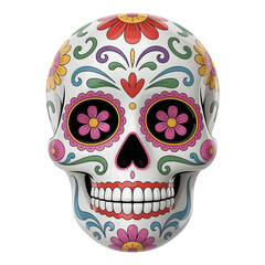 Traditional Mexican sugar skull Calavera with vibrant floral decorations for Day of the Dead celebration isolated on transparent background
