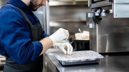 A chef in a blue uniform and black apron, wearing white gloves, meticulously arranges food inside a clear plastic container. The focus highlights food preparation and hygiene.