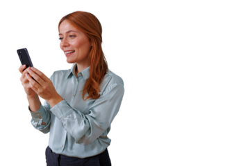 Woman smiling, sending text message, watching social media on smartphone, transparent background