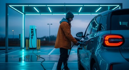 Woman charging electric car at station with neon lights on a rainy evening at an outdoor charging point