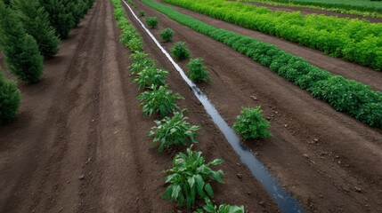 Aerial View of Precision Sprinkler System in Agricultural Field with Lush Green Rows