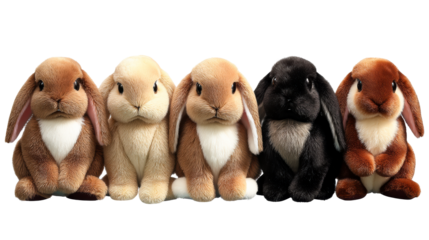 Five fluffy lop-eared rabbits sitting together