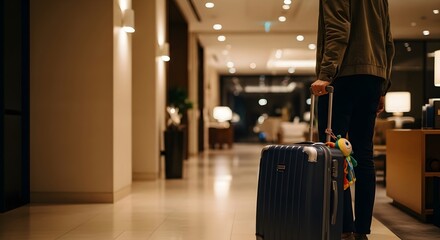 Person pulling suitcase in hotel lobby with toy attached and lights in the background shining brightly