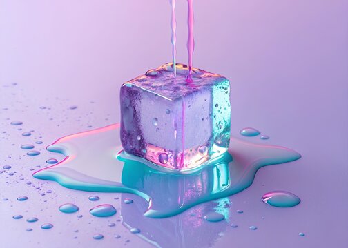Mesmerizing ice cube melting in dreamy pastel colors with neon accents, adding a cool, refreshing vibe to your designs for summer or creative projects