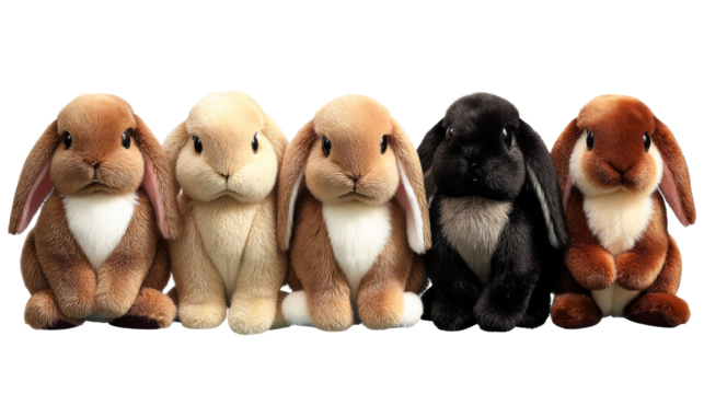 Five fluffy lop-eared rabbits sitting together