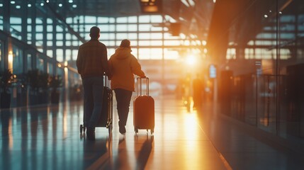 Family navigating airport with luggage trolley