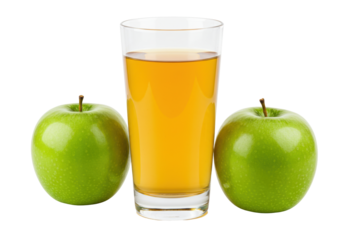 Isolated image of two green apples and a glass of fresh juice, a refreshing healthy drink