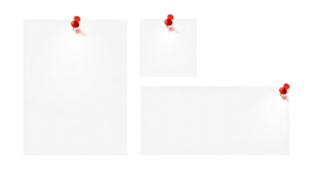 Three blank white paper sheets pinned with red push pins isolated on transparent background
