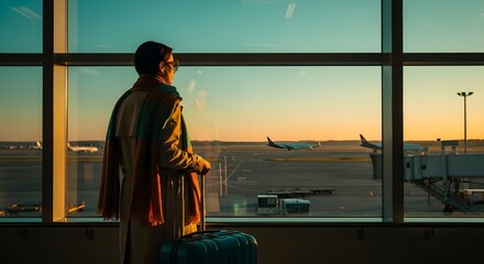 Man with suitcase looking out the window at airplanes at sunset in an airport terminal waiting