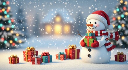 A cheerful snowman amidst snowfall and festive gifts capturing the magic of Christmas