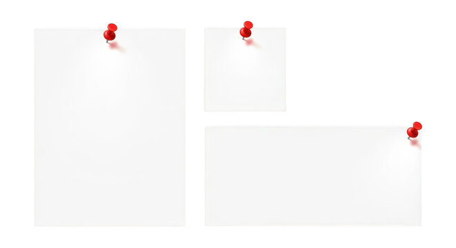 Three blank white paper sheets pinned with red push pins isolated on transparent background