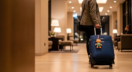 Person pulling a blue suitcase with a toy attached in a hotel lobby with warm lighting and furniture