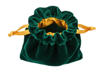 Isolated green velvet pouch with gold trim and cord, empty small sack for trinkets