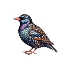 Realistic illustration of a starling with iridescent feathers. Detailed artwork symbolizing song, communication, beauty, and vibrant natural life.