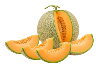 Isolated cantaloupe with slices, fresh melon, cut piece, vegetarian diet, healthy food
