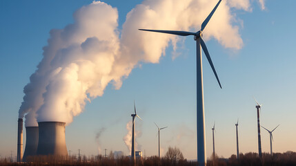 The image captures a power generation landscape featuring windmills and steam stacks against a blue sky, highlighting the shift towards sustainable energy sources.