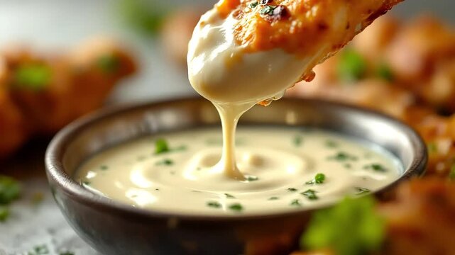 Delicious chicken nugget being dipped in creamy sauce with herbs garnish
