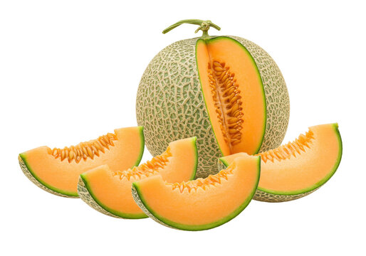Isolated cantaloupe with slices, fresh melon, cut piece, vegetarian diet, healthy food