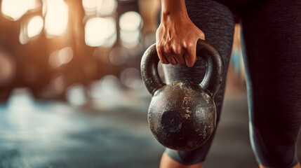 Woman lifts heavy kettlebell in gym during strength training session for fitness improvement