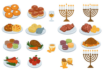 Festive Hanukkah Feast A Colorful Cartoon Illustration of Traditional Holiday Foods and Symbols