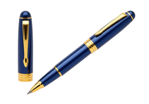 Isolated blue and gold rollerball pen, cap beside, for writing or drawing instruments, office use