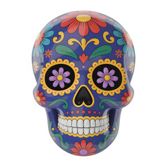 Vibrant blue sugar skull adorned with colorful floral patterns and Mexican folk art isolated on transparent background