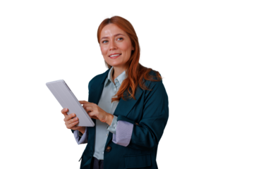Businesswoman using digital tablet, smiling and looking away, redhead professional on transparent background