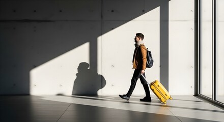 Man walking with luggage in a bright modern space with shadows and sunlight on the concrete wall