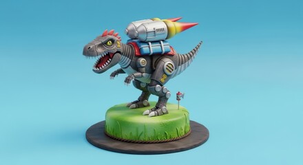 Futuristic robot dinosaur with rocket launchers on a cake for kids