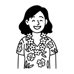 Aloha en Hawaii. Dibujo sencillo de mujer sonriente con camiseta hawaiana con corona de flores 