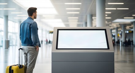 Man with yellow suitcase standing near blank screen at airport waiting for flight information