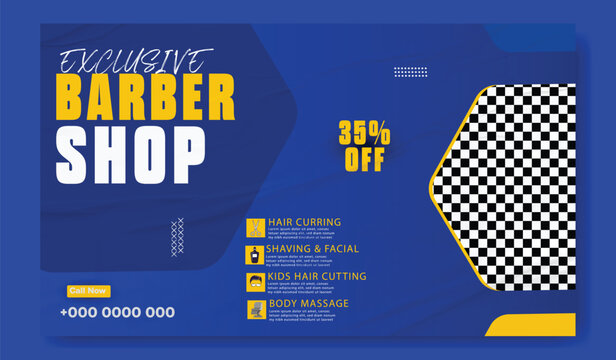 Stylish bearded man posing in a modern barber shop advertisement with discount offer.
Modern barber shop advertisement with vintage style featuring haircuts and grooming services