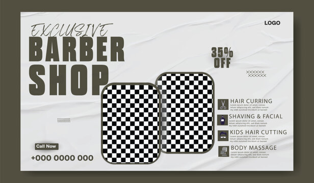 Stylish bearded man posing in a modern barber shop advertisement with discount offer.
Modern barber shop advertisement with vintage style featuring haircuts and grooming services