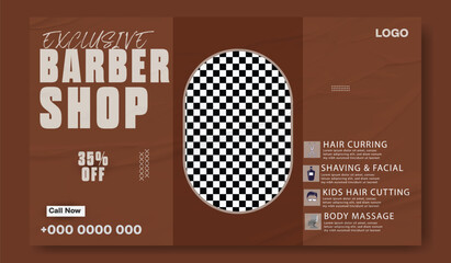 Stylish bearded man posing in a modern barber shop advertisement with discount offer.
Modern barber shop advertisement with vintage style featuring haircuts and grooming services
