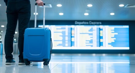Person with blue suitcase at airport terminal in front of departures board waiting for flight info