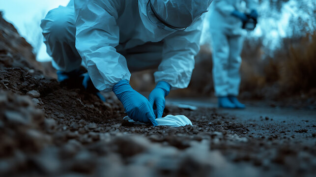 A forensic science investigation team examining a crime scene outdoors. Evidence is carefully being collected, preserving integrity under dim light, to process clues effectively.