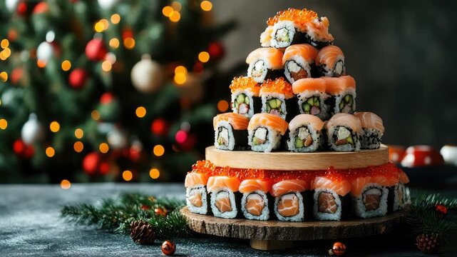 Christmas tree shaped sushi and rolls on a wooden stand with blurred Christmas tree with lights and ornaments in the background creating a festive atmosphere