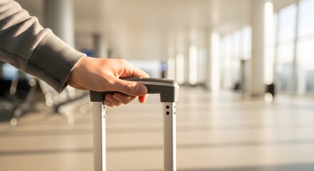 A hand holding a suitcase handle in an airport terminal with blurred background of waiting area and windows