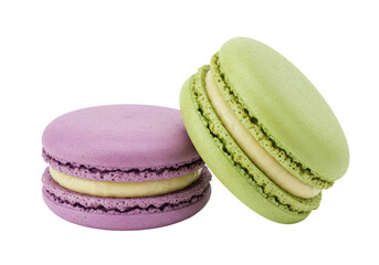 Isolated macarons cookies, colorful sweet dessert treats, lavender and pistachio flavors