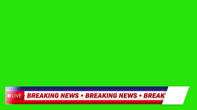 breaking news Green screen template animation with red LIVE banner and scrolling ticker for broadcast overlays and media production news channel interface template with chroma key