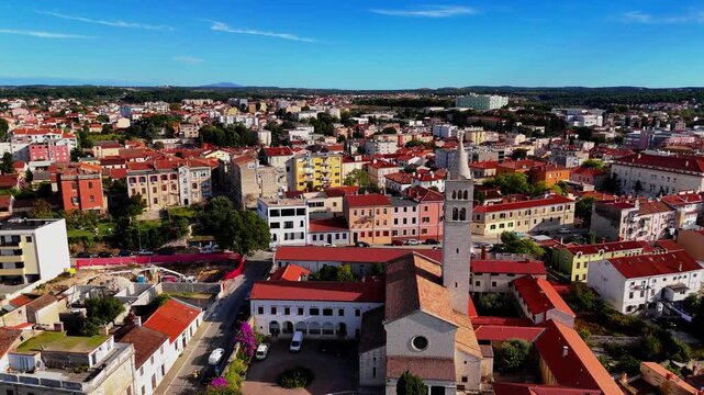 Cinematic Aerial View of Pula, Croatia &ndash; Ancient Roman Amphitheatre, Historic City and Adriatic Coastline from Drone