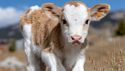 Adorable Young Brown and White Calf Standing Gracefully in Beautiful Rural Farmland on Sunny Day