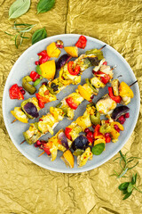 Fish skewers on a BBQ, seafood.