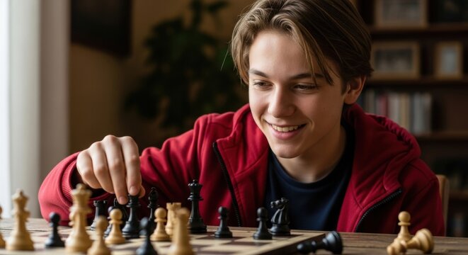 Teen boy enjoying a game of chess in a cozy home environment
