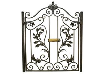 Isolated metal garden gate with floral decoration. Garden d&eacute;cor and vintage design element
