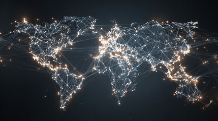 A digital map of the world with interconnected glowing points, illustrating global networks and data flow