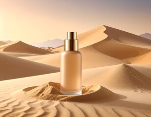Elegant skincare bottle amidst picturesque sand dunes under the desert sun