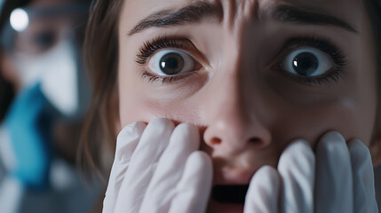 A person shows wide-eyed terror, face framed by gloved hands, embodying fear and vulnerability. The stark lighting emphasizes the intensity of the emotion.