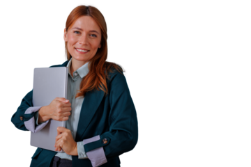 Confident businesswoman smiling, showing professional success and executive management with a laptop. Transparent background