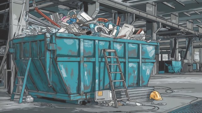 Industrial industrial waste skip filled with junk, indoor scene at  construction site, flat vector style